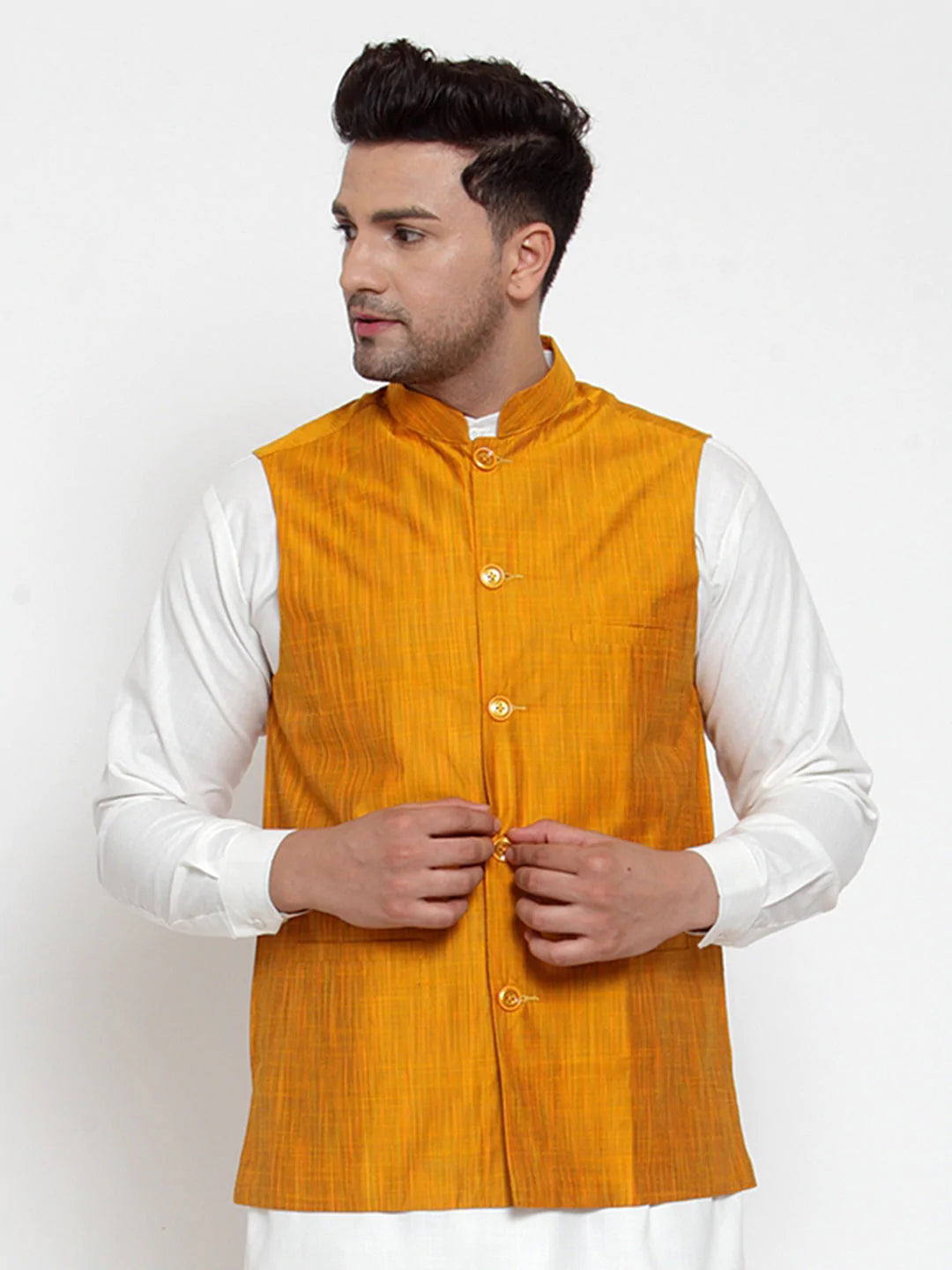 Jompers Men's Yellow Woven Design Nehru Jacket ( JOWC 4010 Yellow )