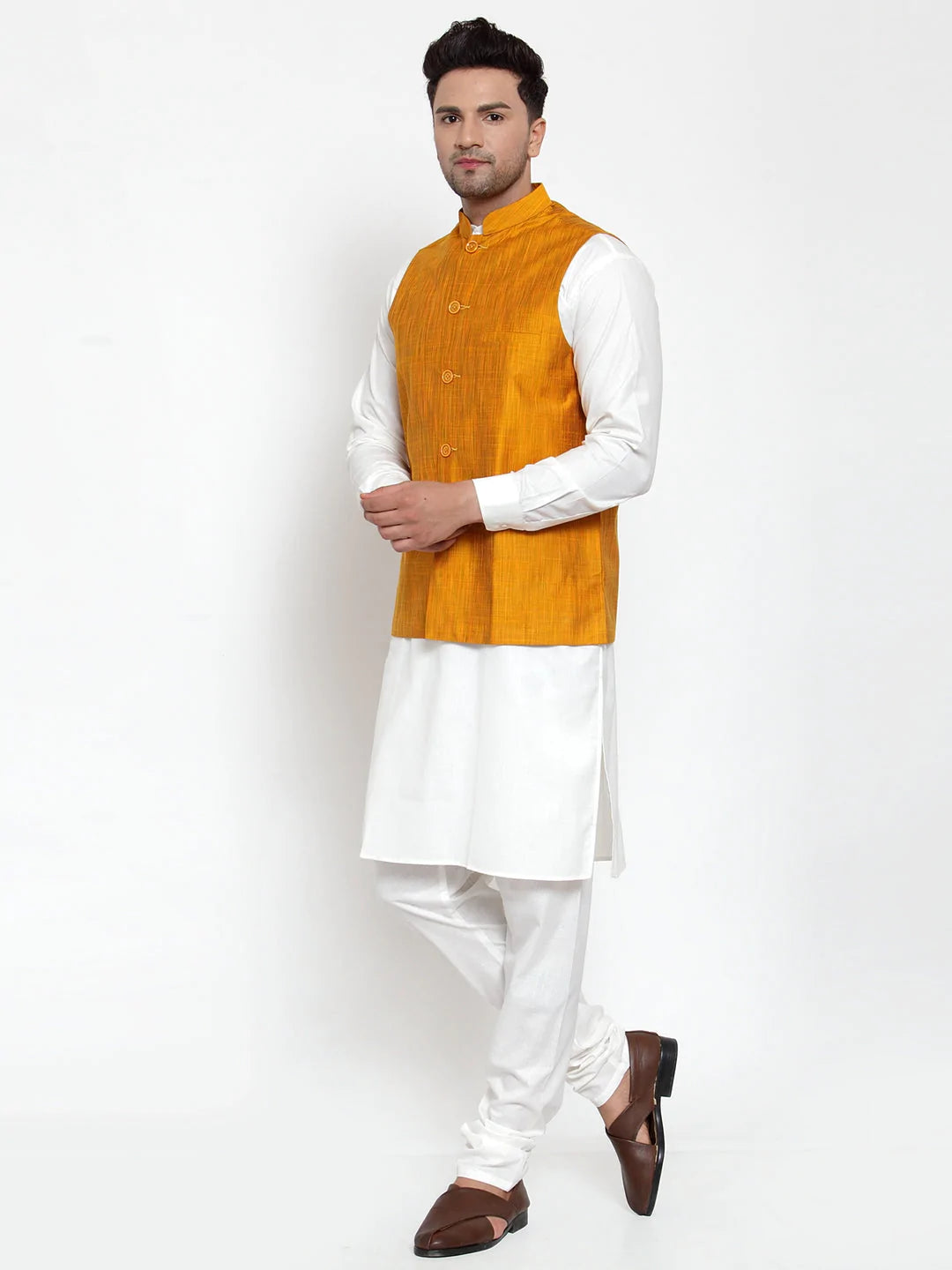 Jompers Men's Yellow Woven Design Nehru Jacket ( JOWC 4010 Yellow )