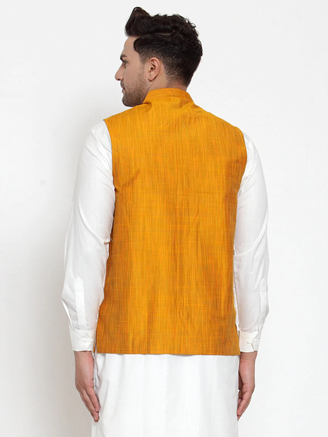 Jompers Men's Yellow Woven Design Nehru Jacket ( JOWC 4010 Yellow )