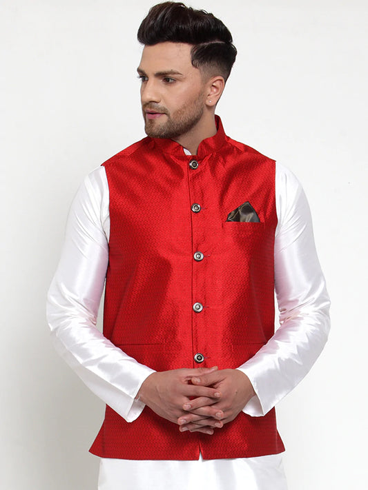 Jompers Men's Maroon Woven Jacquard Nehru Jacket ( JOWC 4017Maroon )