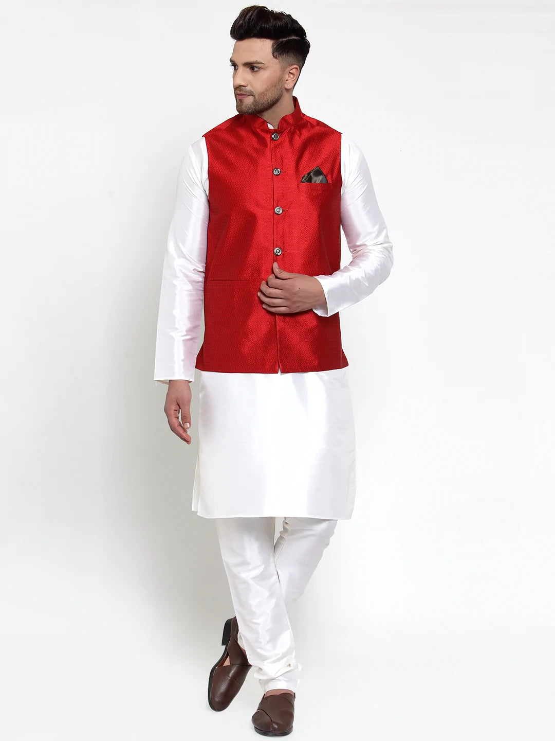 Jompers Men's Maroon Woven Jacquard Nehru Jacket ( JOWC 4017Maroon )