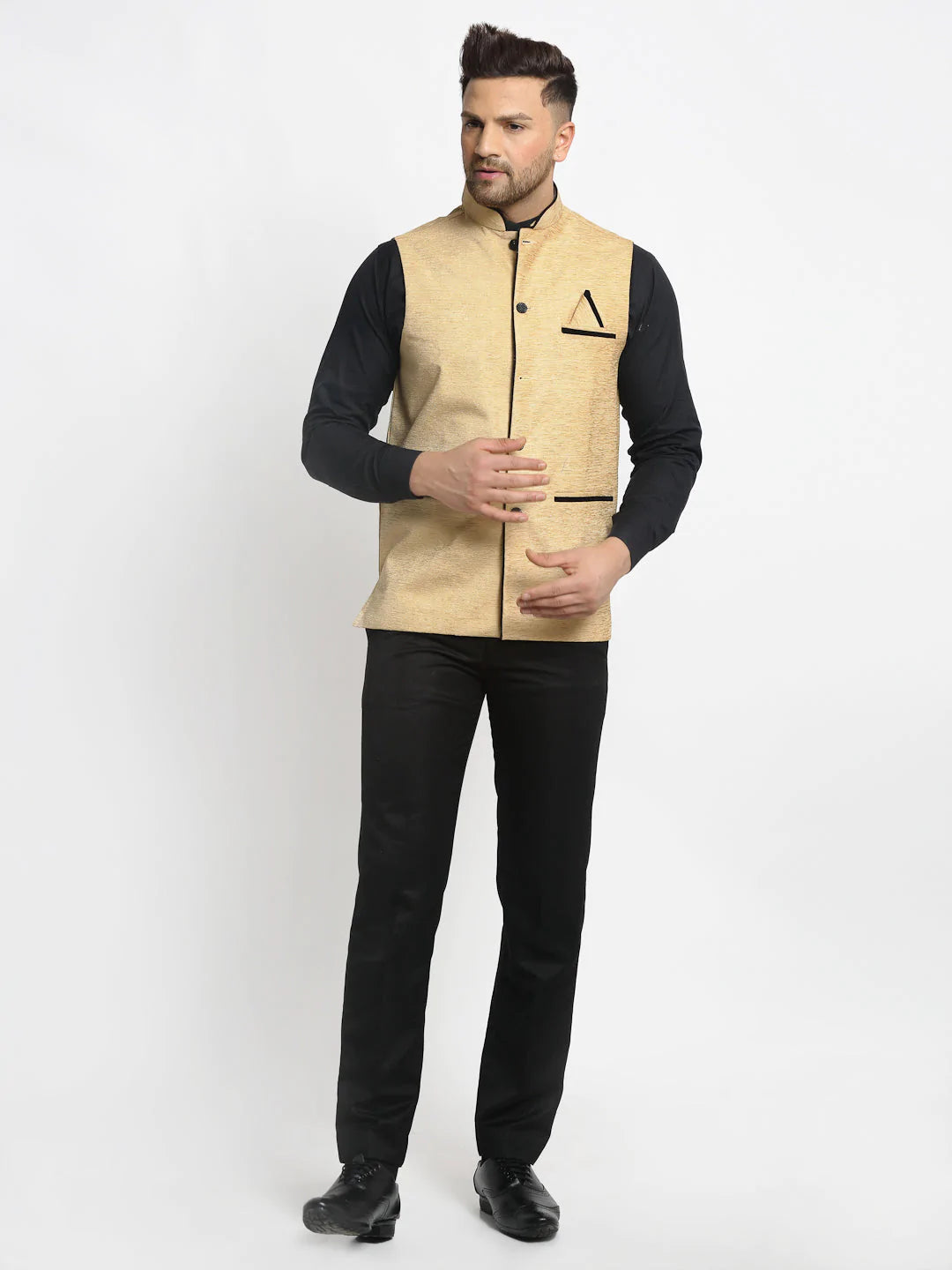 Jompers Men's Beige Solid Nehru Jacket with Square Pocket ( JOWC 4024Beige )