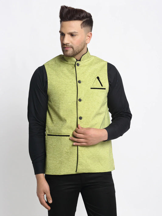Jompers Men's Green Solid Nehru Jacket with Square Pocket ( JOWC 4024Green )