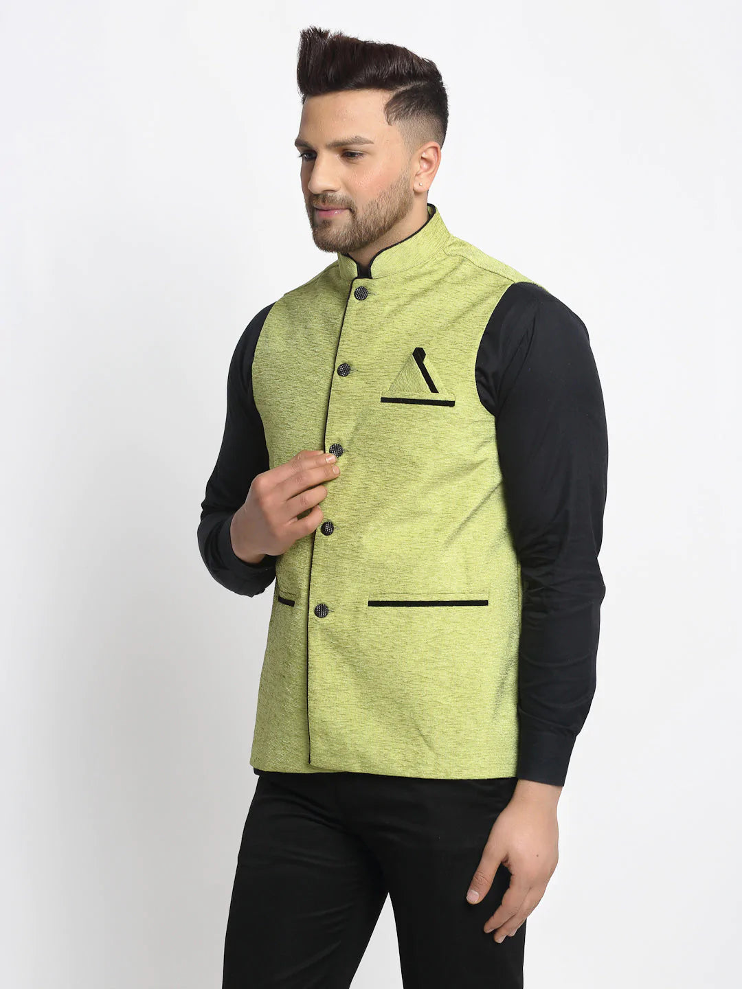 Jompers Men's Green Solid Nehru Jacket with Square Pocket ( JOWC 4024Green )