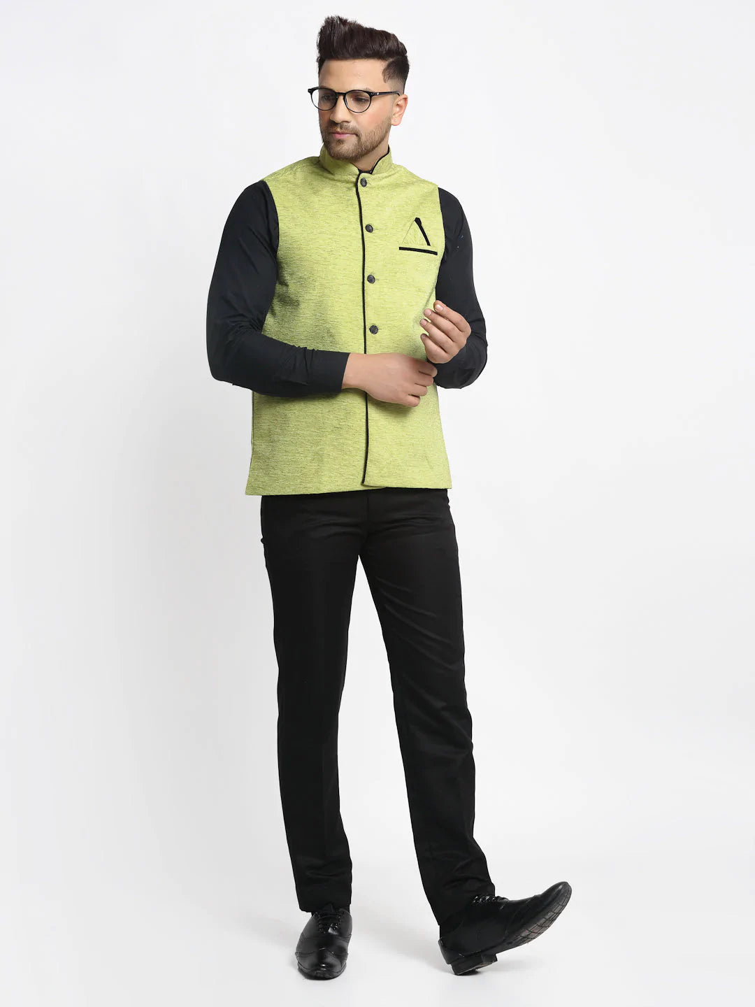 Jompers Men's Green Solid Nehru Jacket with Square Pocket ( JOWC 4024Green )