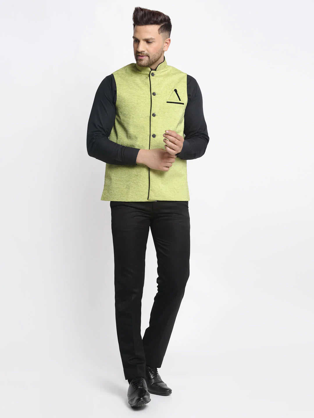 Jompers Men's Green Solid Nehru Jacket with Square Pocket ( JOWC 4024Green )