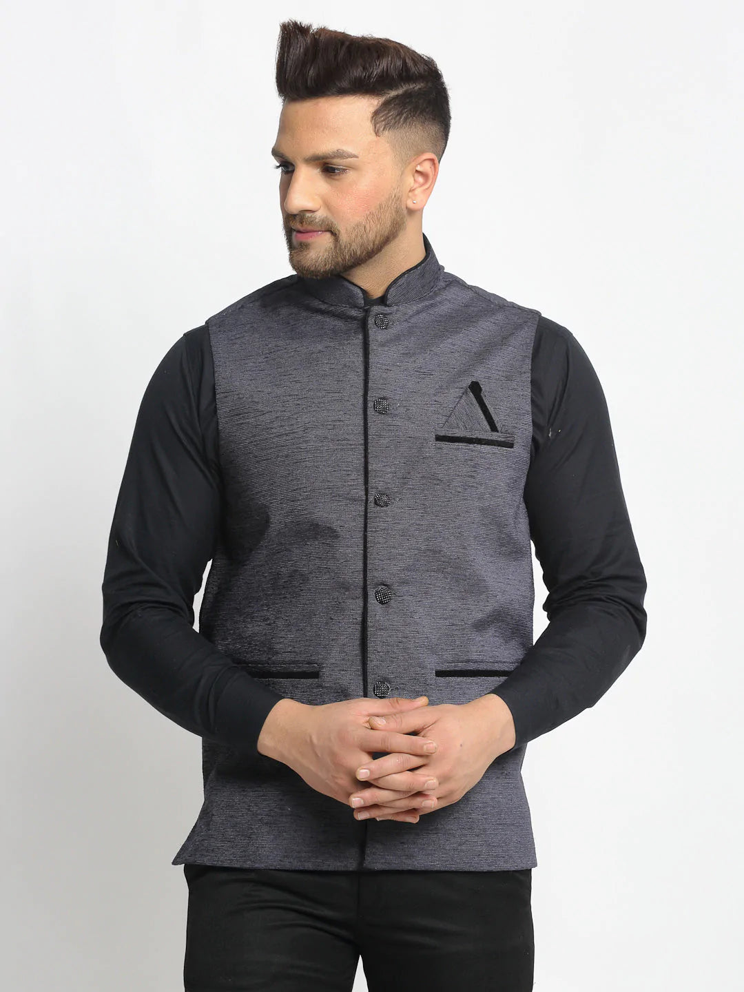 Jompers Men's Grey Solid Nehru Jacket with Square Pocket ( JOWC 4024Grey )