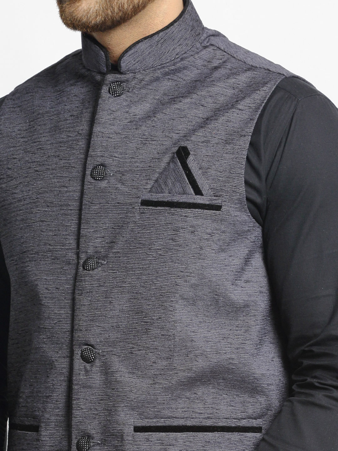 Jompers Men's Grey Solid Nehru Jacket with Square Pocket ( JOWC 4024Grey )