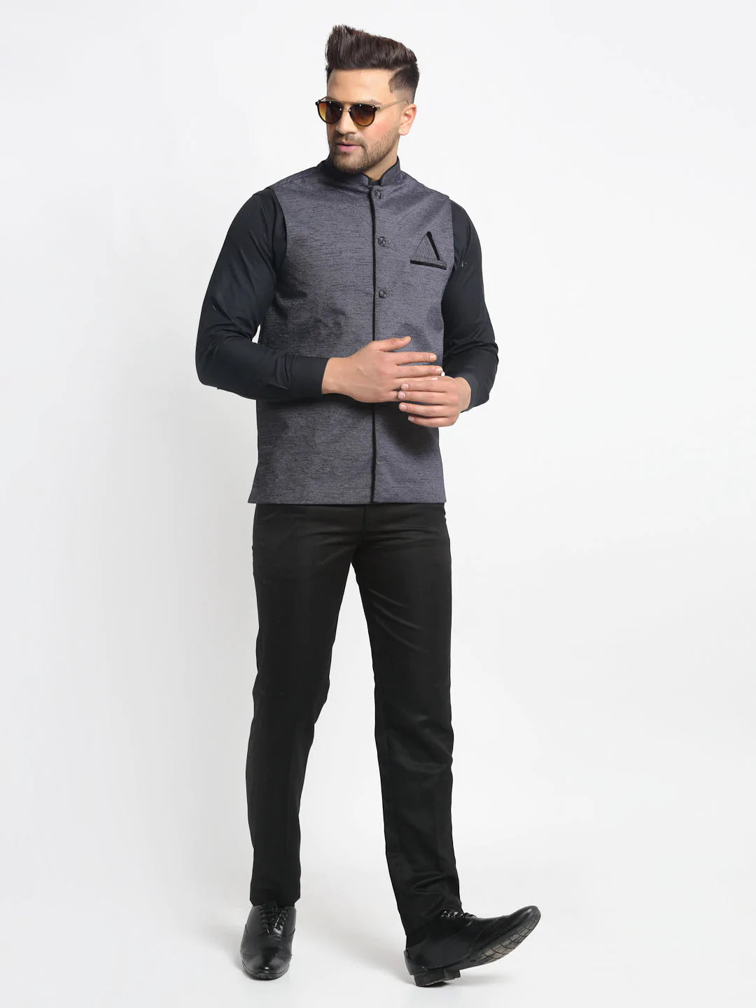 Jompers Men's Grey Solid Nehru Jacket with Square Pocket ( JOWC 4024Grey )