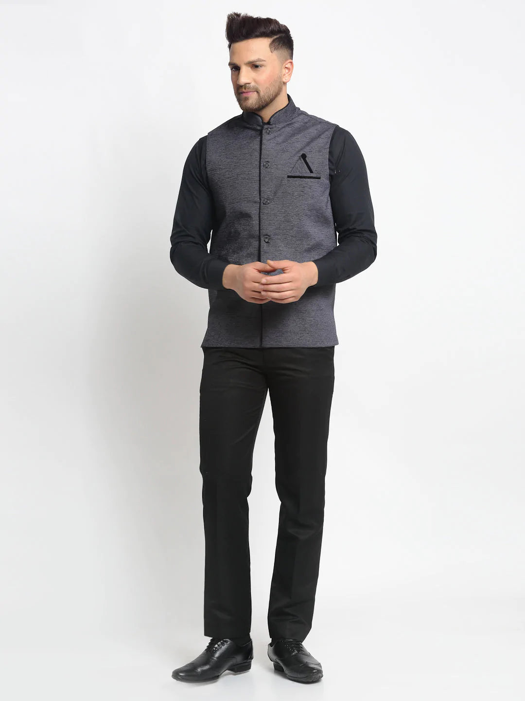 Jompers Men's Grey Solid Nehru Jacket with Square Pocket ( JOWC 4024Grey )