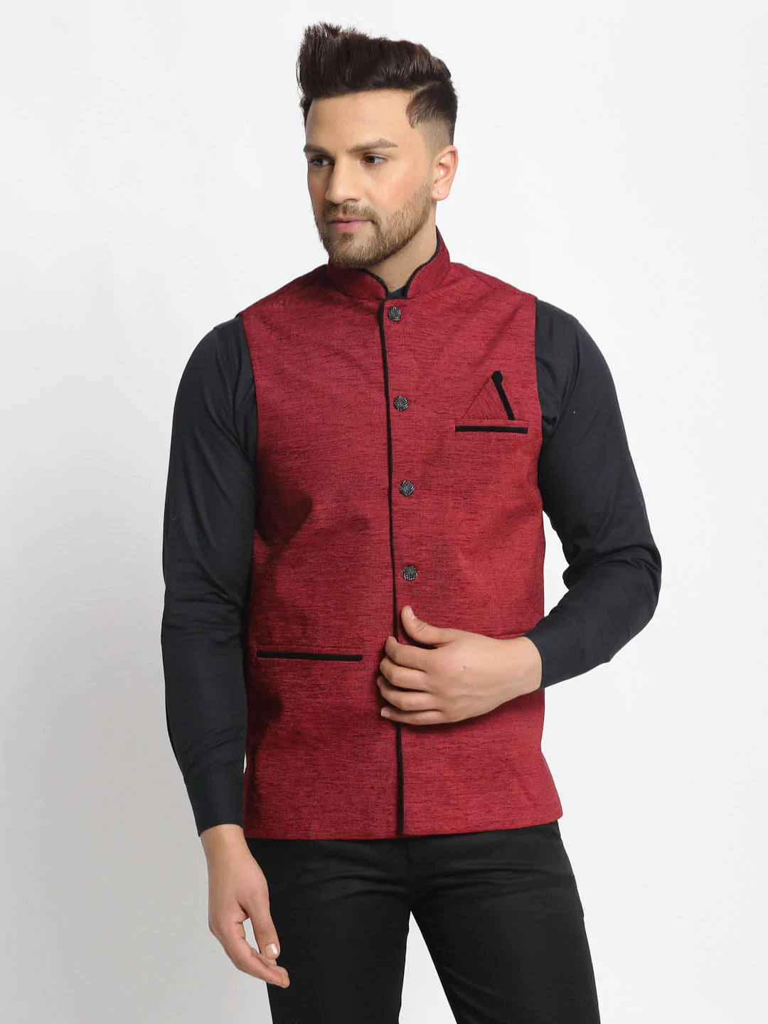 Jompers Men's Maroon Solid Nehru Jacket with Square Pocket ( JOWC 4024Maroon )