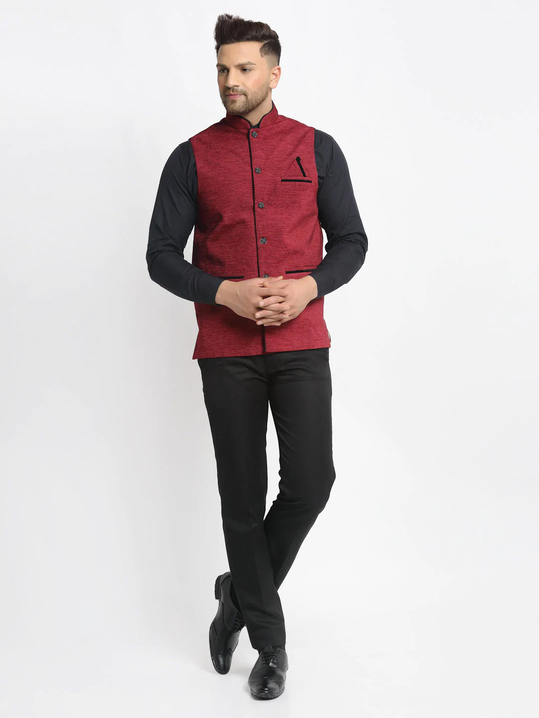 Jompers Men's Maroon Solid Nehru Jacket with Square Pocket ( JOWC 4024Maroon )