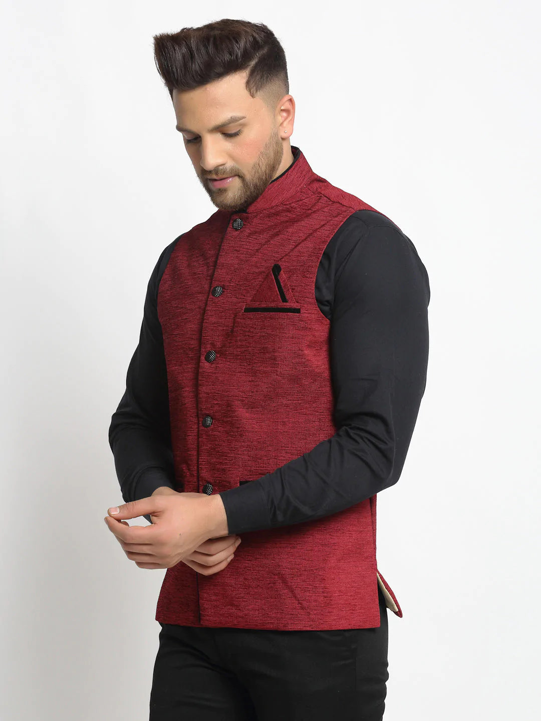 Jompers Men's Maroon Solid Nehru Jacket with Square Pocket ( JOWC 4024Maroon )