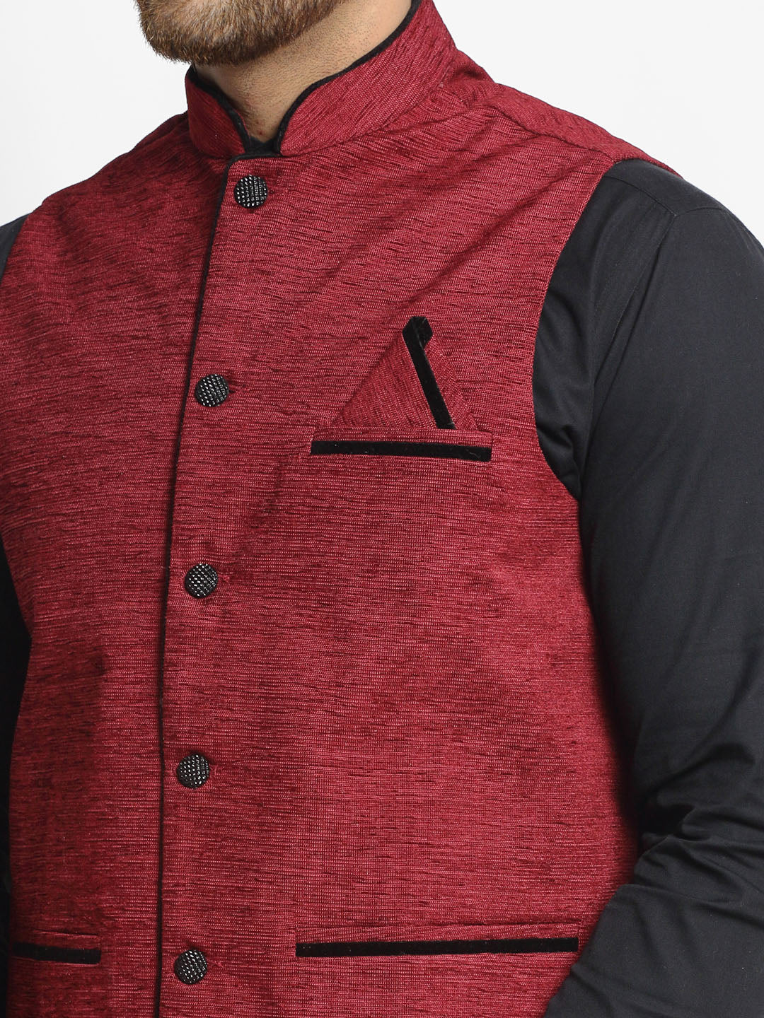 Jompers Men's Maroon Solid Nehru Jacket with Square Pocket ( JOWC 4024Maroon )