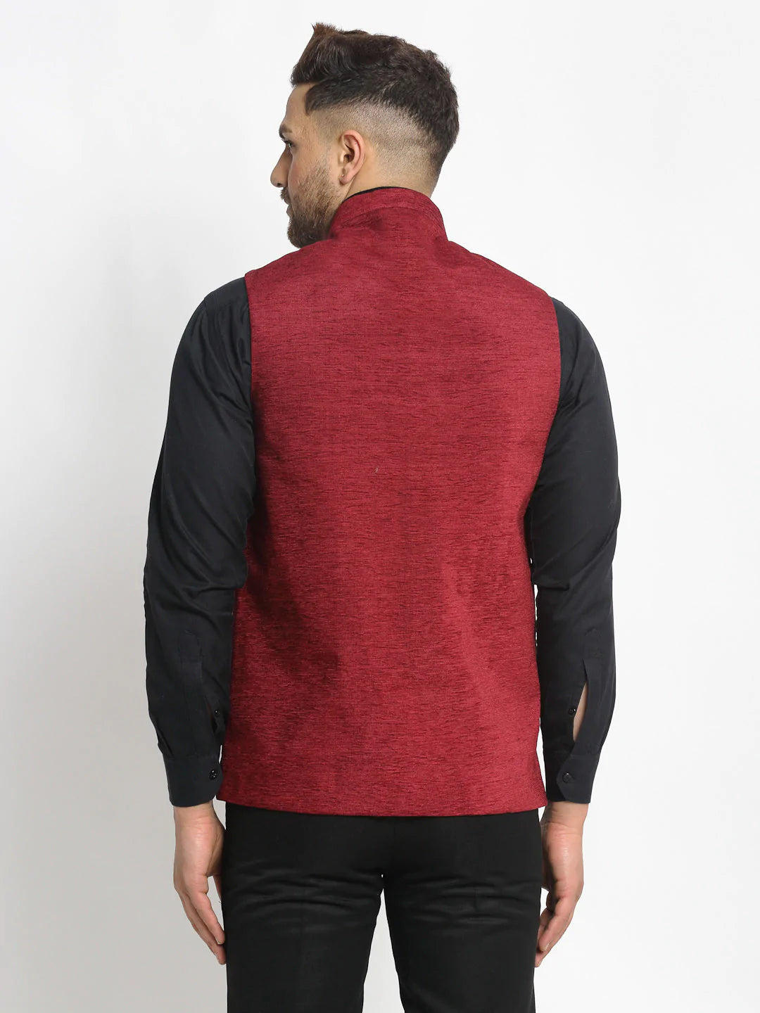 Jompers Men's Maroon Solid Nehru Jacket with Square Pocket ( JOWC 4024Maroon )