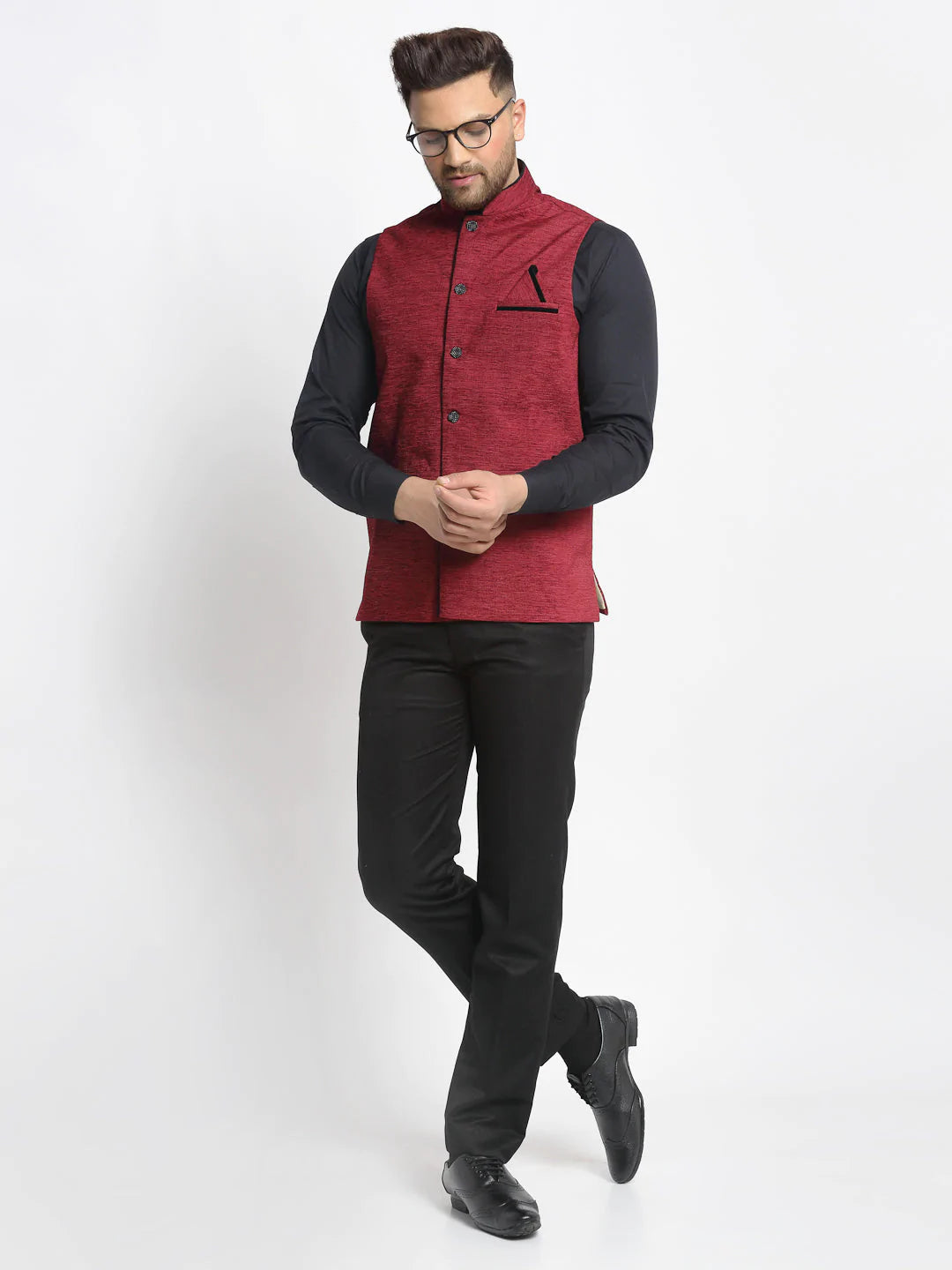 Jompers Men's Maroon Solid Nehru Jacket with Square Pocket ( JOWC 4024Maroon )