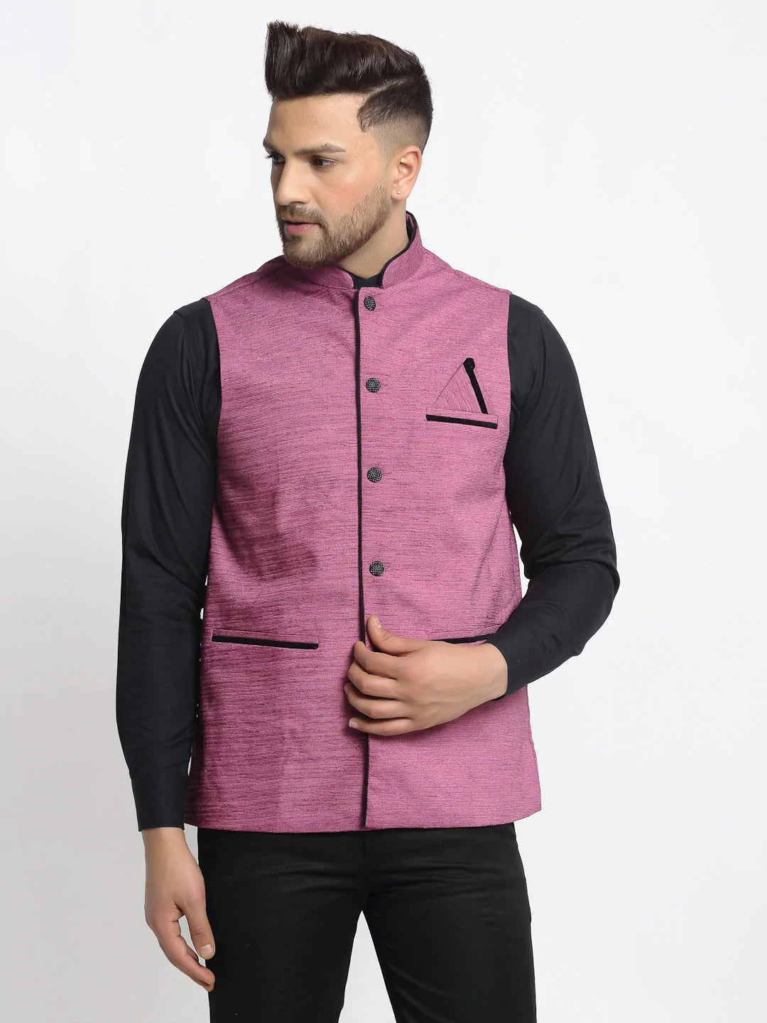 Jompers Men's Purple Solid Nehru Jacket with Square Pocket ( JOWC 4024Purple )