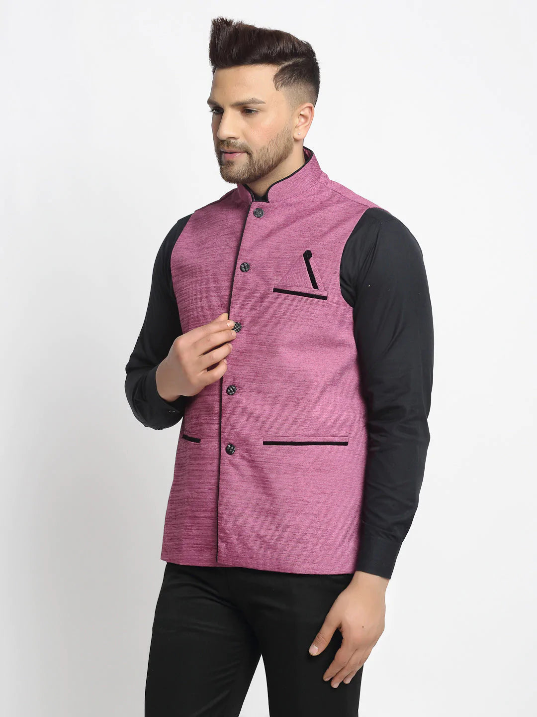 Jompers Men's Purple Solid Nehru Jacket with Square Pocket ( JOWC 4024Purple )