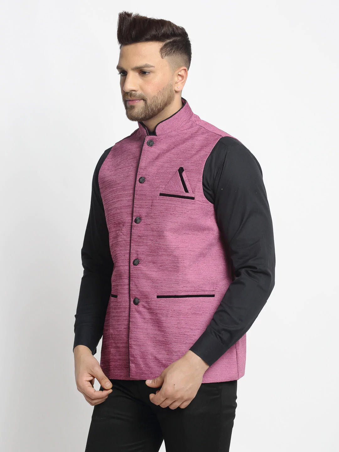 Jompers Men's Purple Solid Nehru Jacket with Square Pocket ( JOWC 4024Purple )
