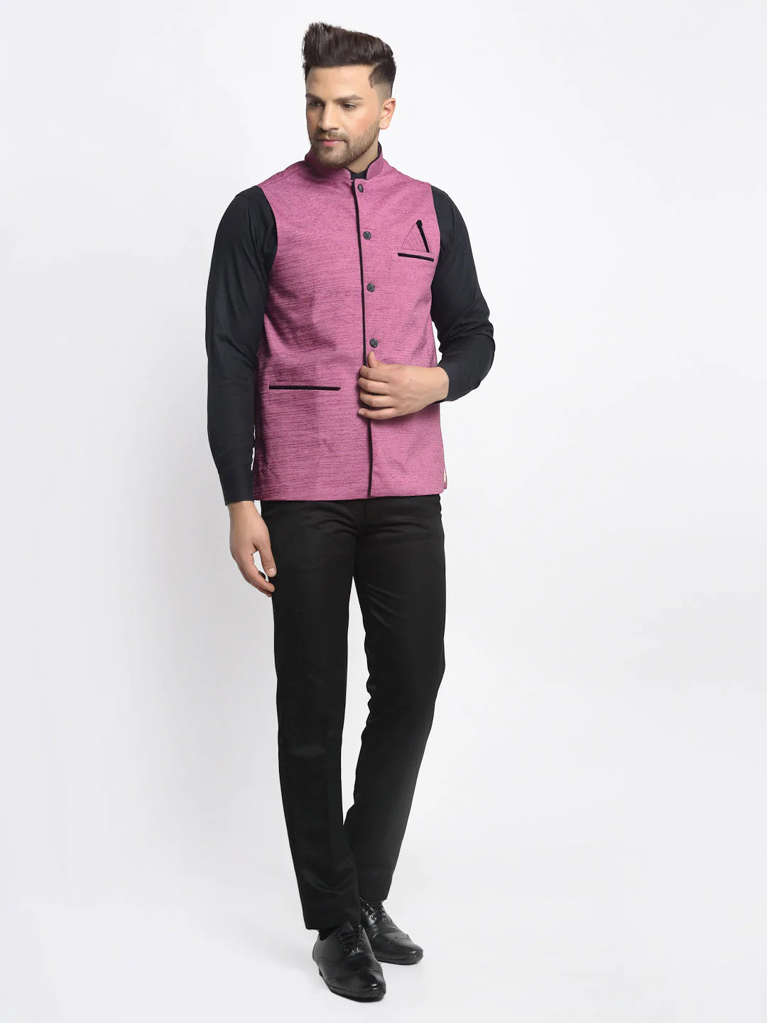 Jompers Men's Purple Solid Nehru Jacket with Square Pocket ( JOWC 4024Purple )