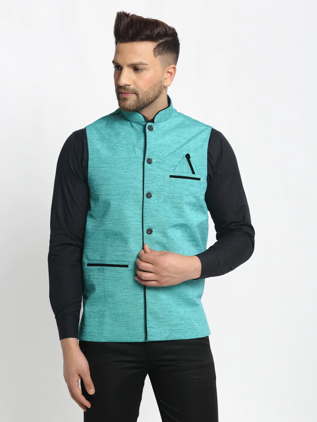 Jompers Men's Blue Solid Nehru Jacket with Square Pocket ( JOWC 4024Sky )