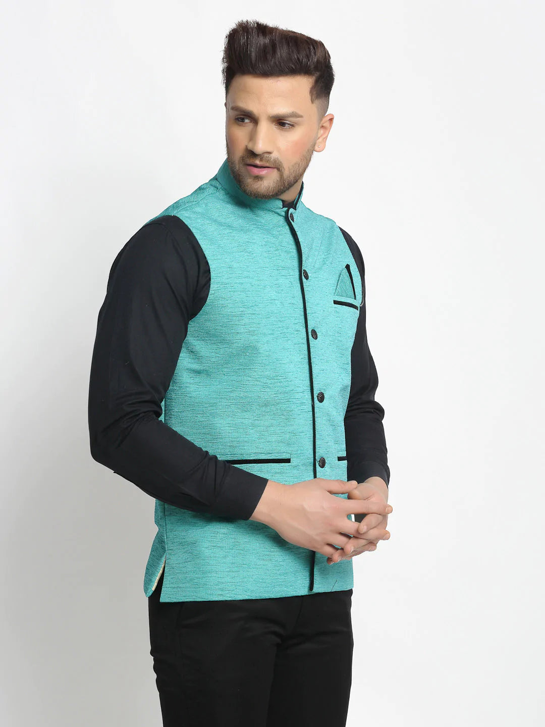 Jompers Men's Blue Solid Nehru Jacket with Square Pocket ( JOWC 4024Sky )