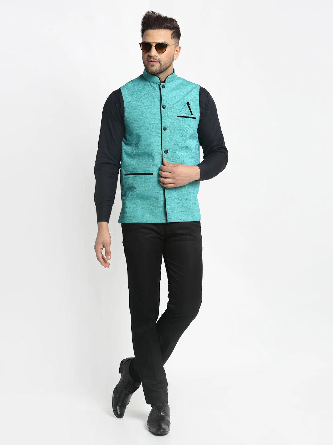 Jompers Men's Blue Solid Nehru Jacket with Square Pocket ( JOWC 4024Sky )