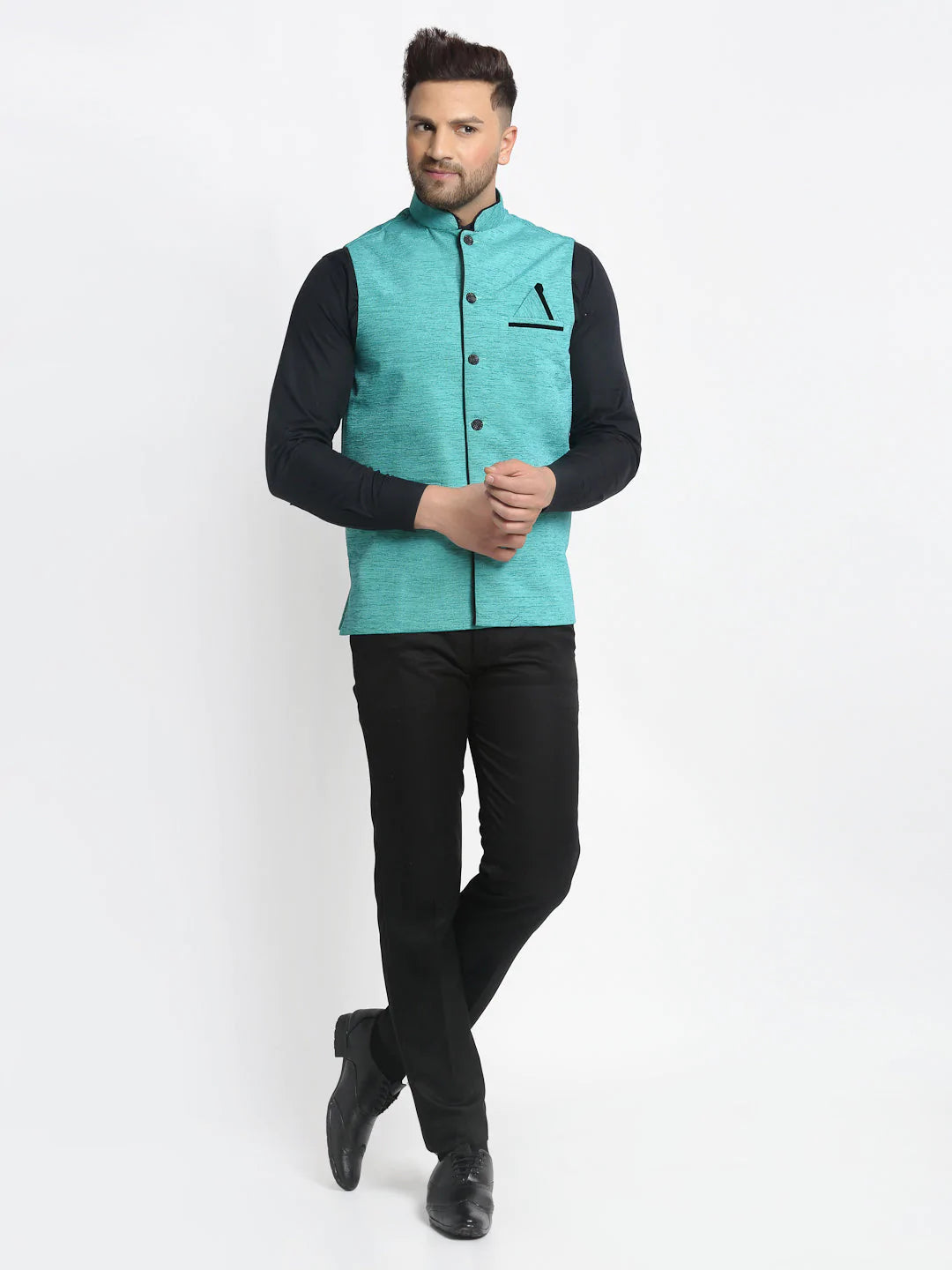 Jompers Men's Blue Solid Nehru Jacket with Square Pocket ( JOWC 4024Sky )
