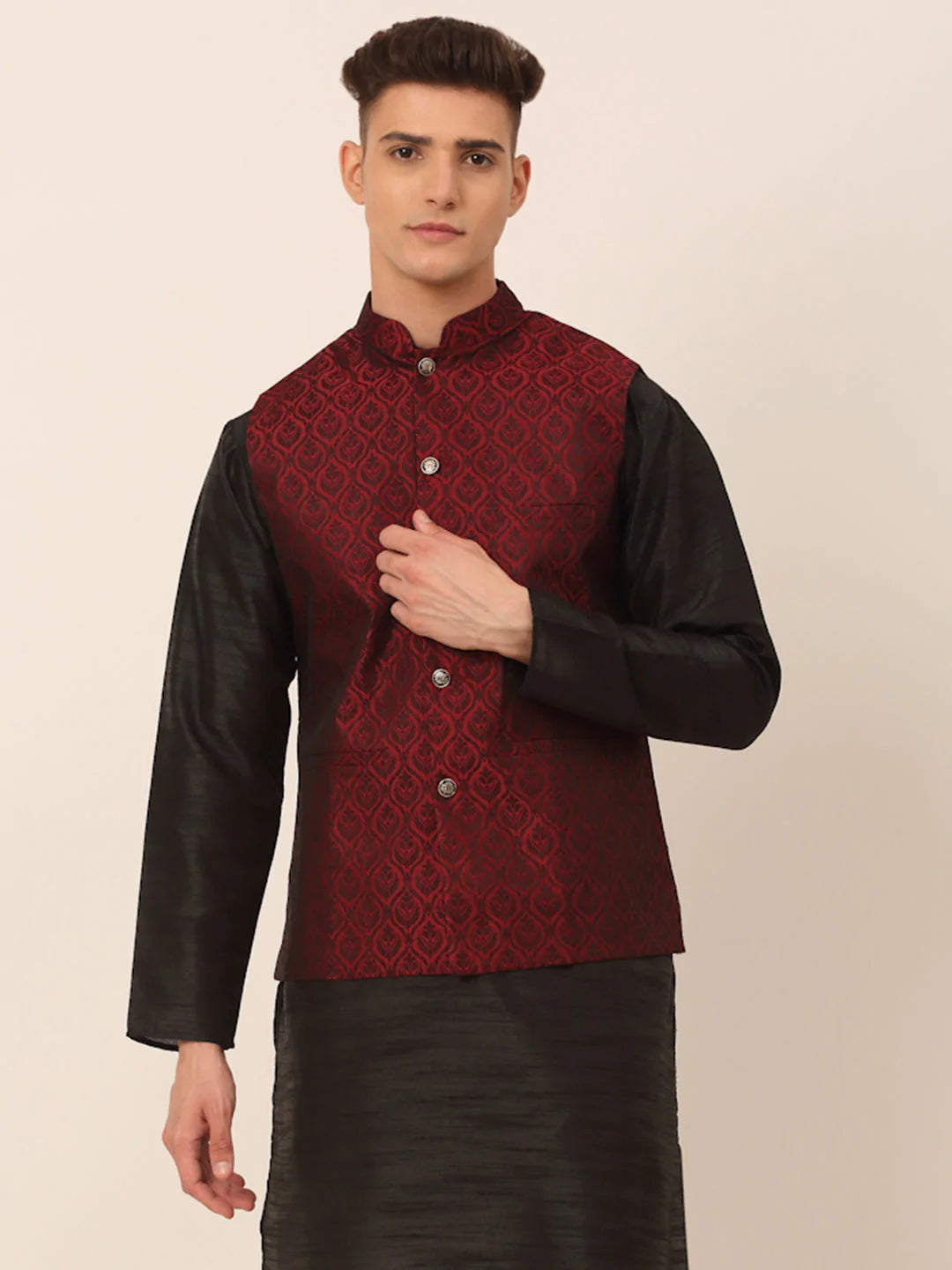 Jompers Men's Maroon Self-Designed Maroon Waistcoat ( JOWC 4027 Maroon )