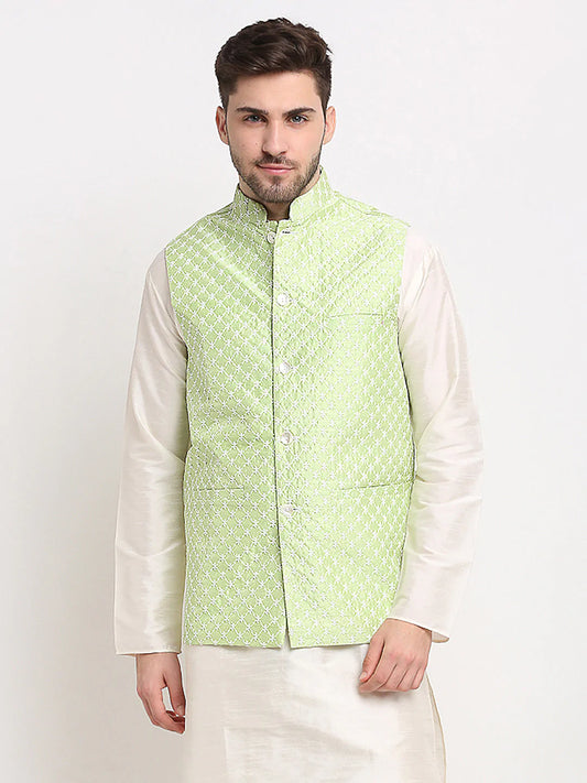 Jompers Men's Green Green and White Embroidered Nehru Jacket ( JOWC 4029Green )