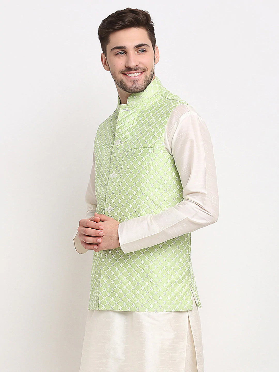 Jompers Men's Green Green and White Embroidered Nehru Jacket ( JOWC 4029Green )