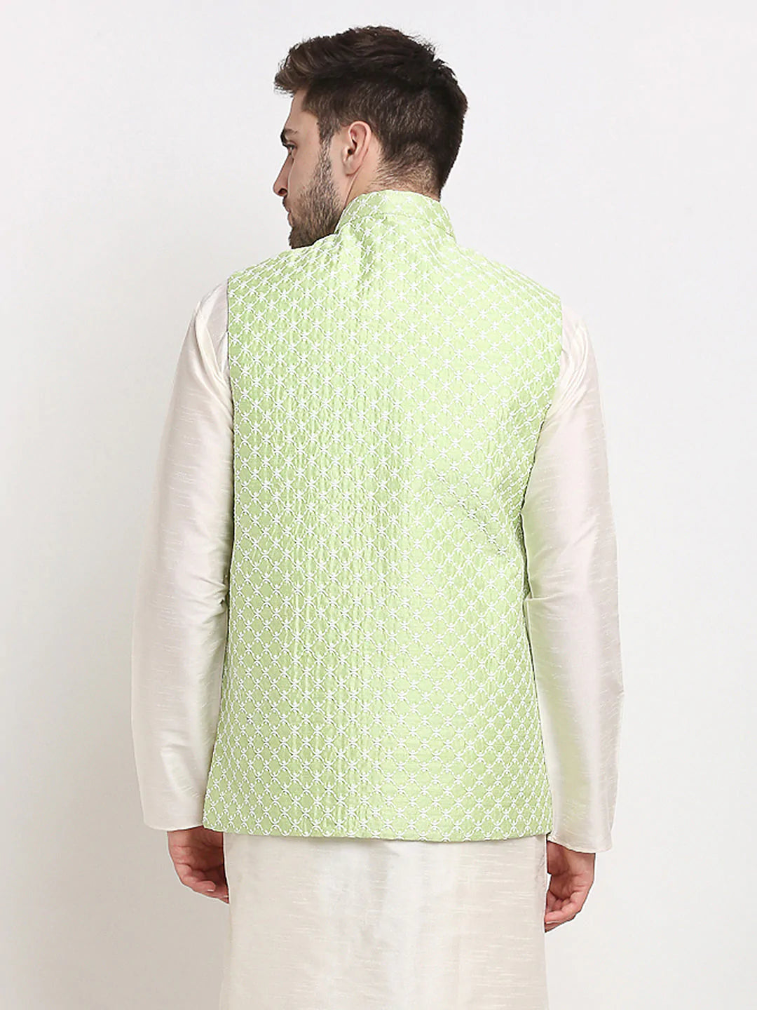 Jompers Men's Green Green and White Embroidered Nehru Jacket ( JOWC 4029Green )