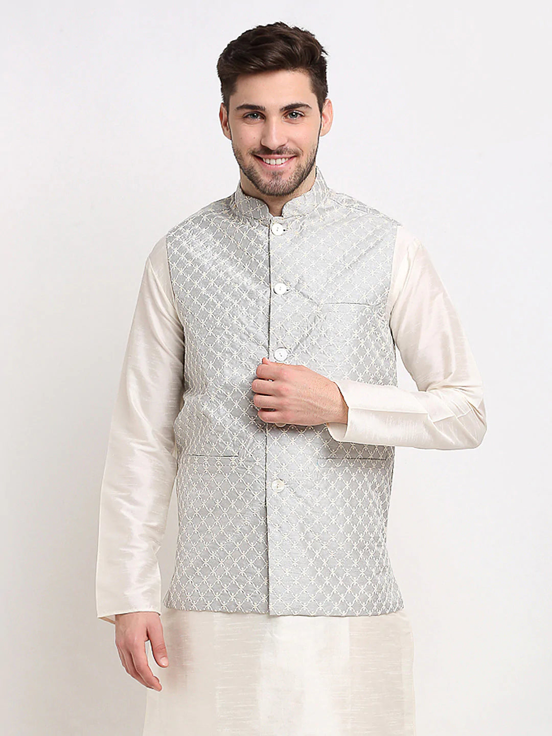 Jompers Men's Grey Grey and White Embroidered Nehru Jacket ( JOWC 4029Grey )
