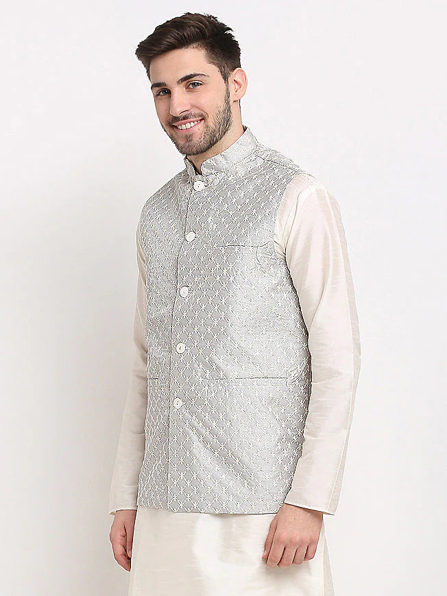 Jompers Men's Grey Grey and White Embroidered Nehru Jacket ( JOWC 4029Grey )