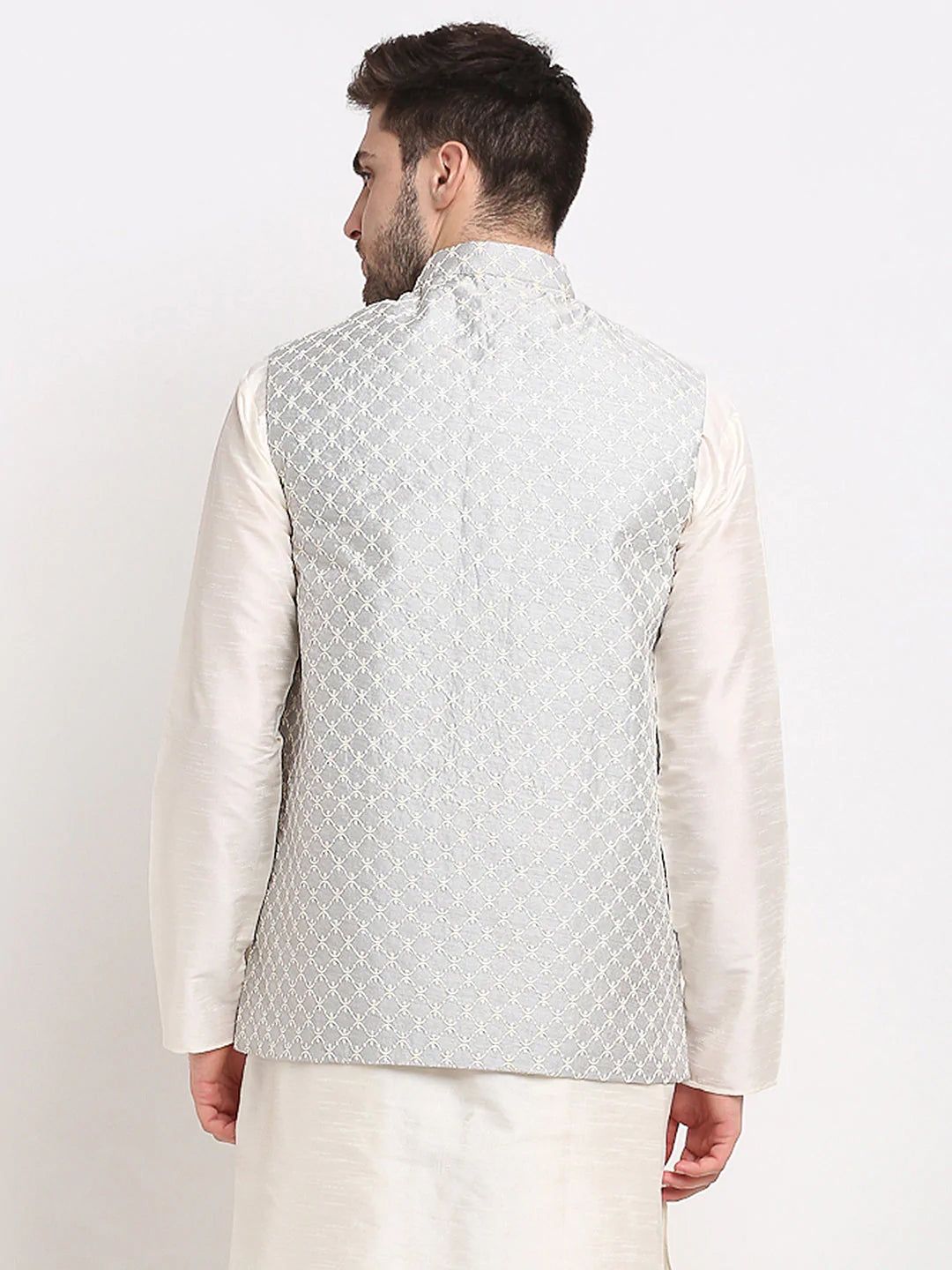 Jompers Men's Grey Grey and White Embroidered Nehru Jacket ( JOWC 4029Grey )