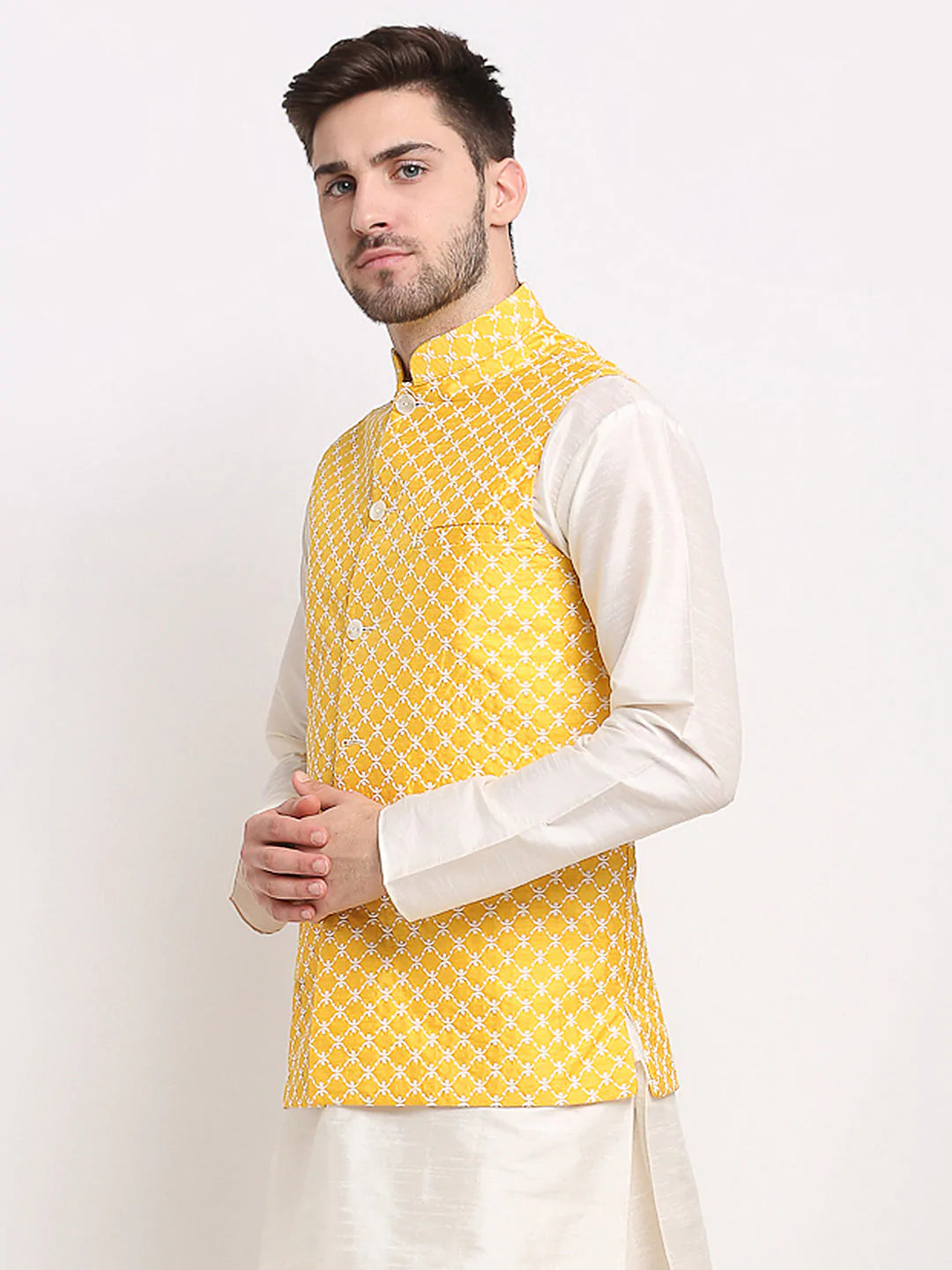 Jompers Men's Mustard Mustard and White Embroidered Nehru Jacket ( JOWC 4029Mustard )