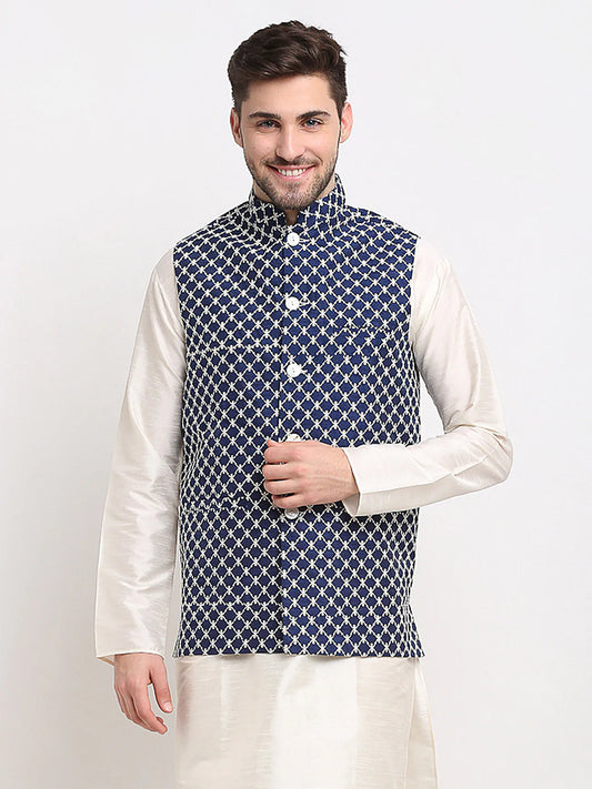 Jompers Men's Navy Blue Navy Blue and White Embroidered Nehru Jacket ( JOWC 4029Navy )