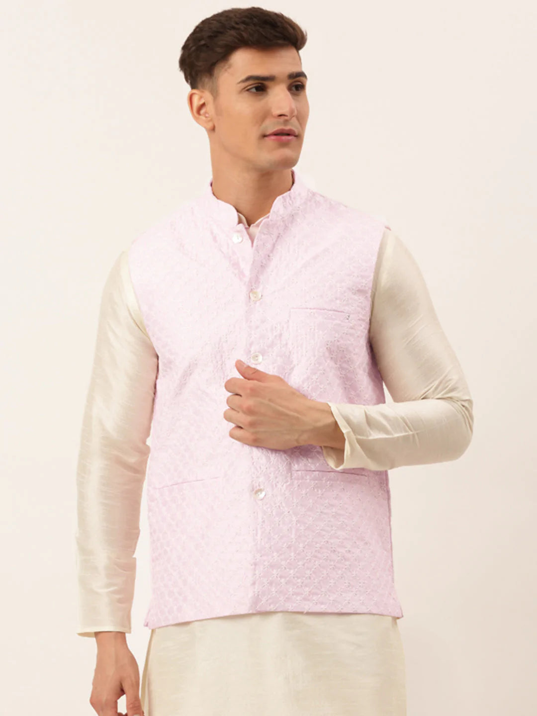 Jompers Men's Pink Pink and White Embroidered Nehru Jacket ( JOWC 4029 Pink )