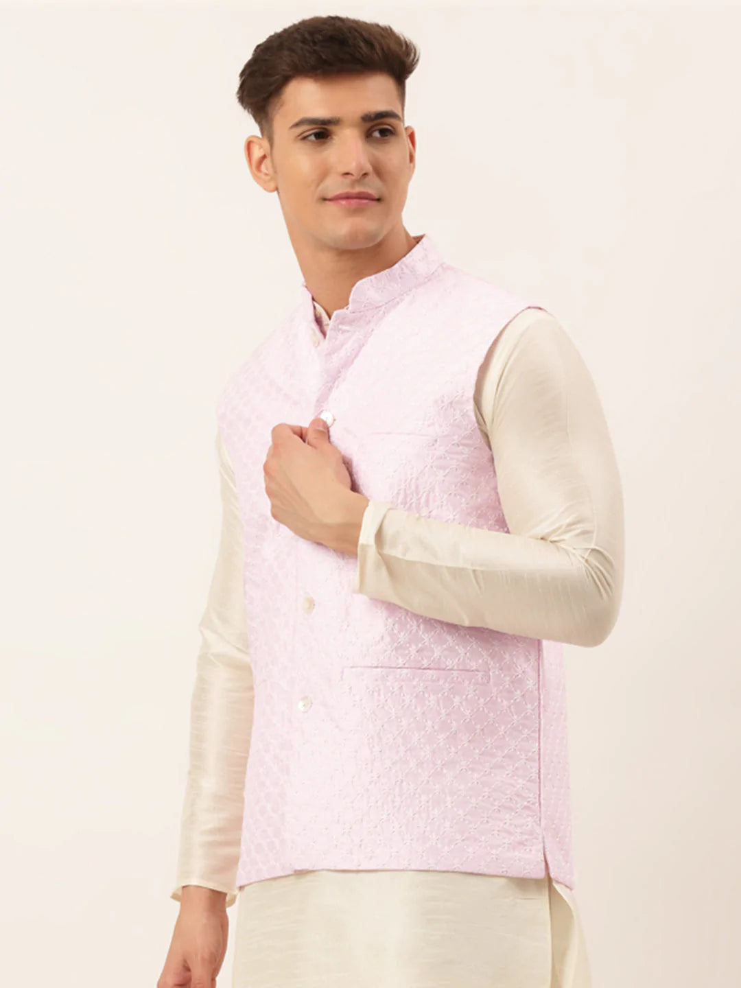 Jompers Men's Pink Pink and White Embroidered Nehru Jacket ( JOWC 4029 Pink )