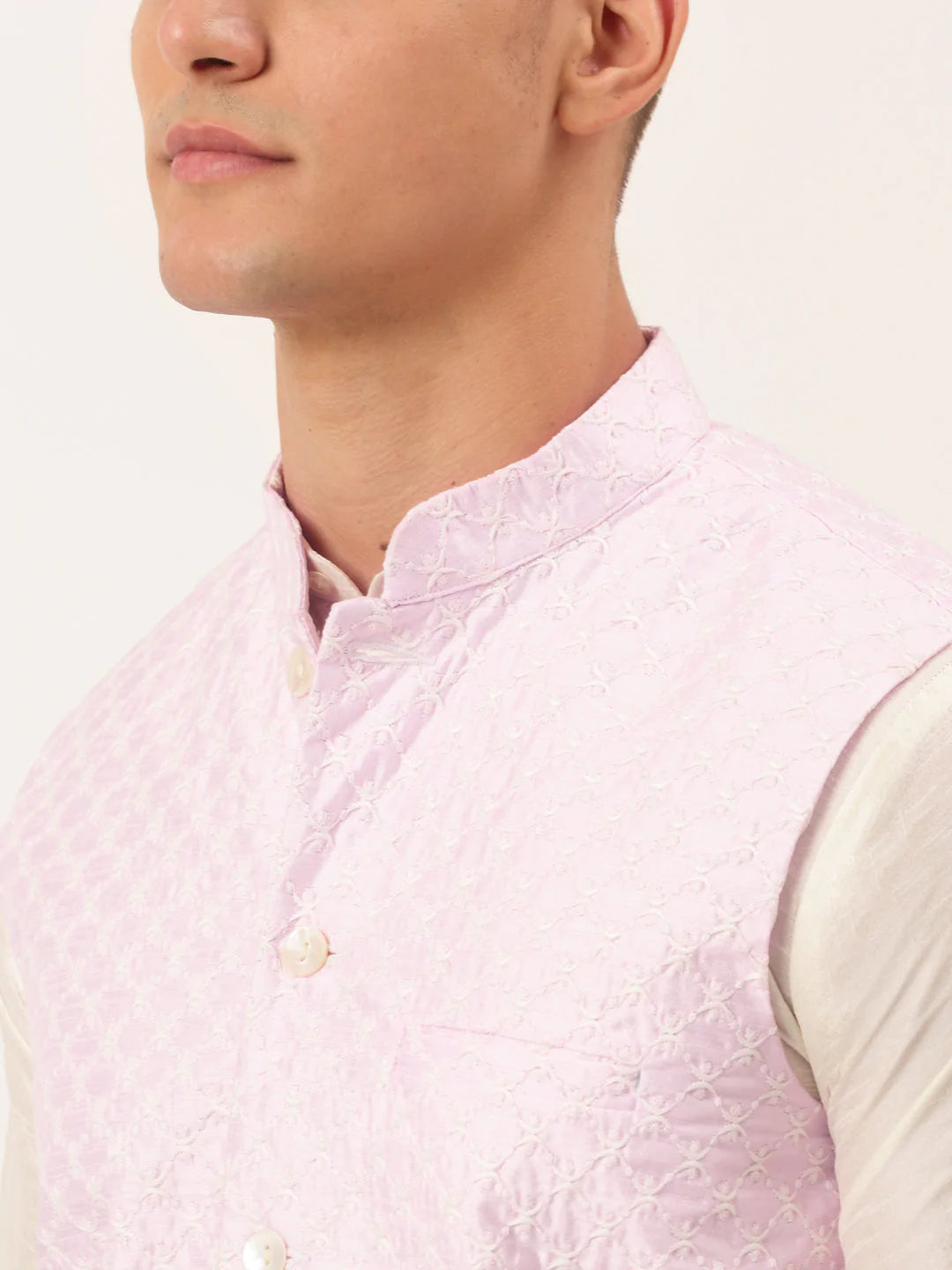 Jompers Men's Pink Pink and White Embroidered Nehru Jacket ( JOWC 4029 Pink )