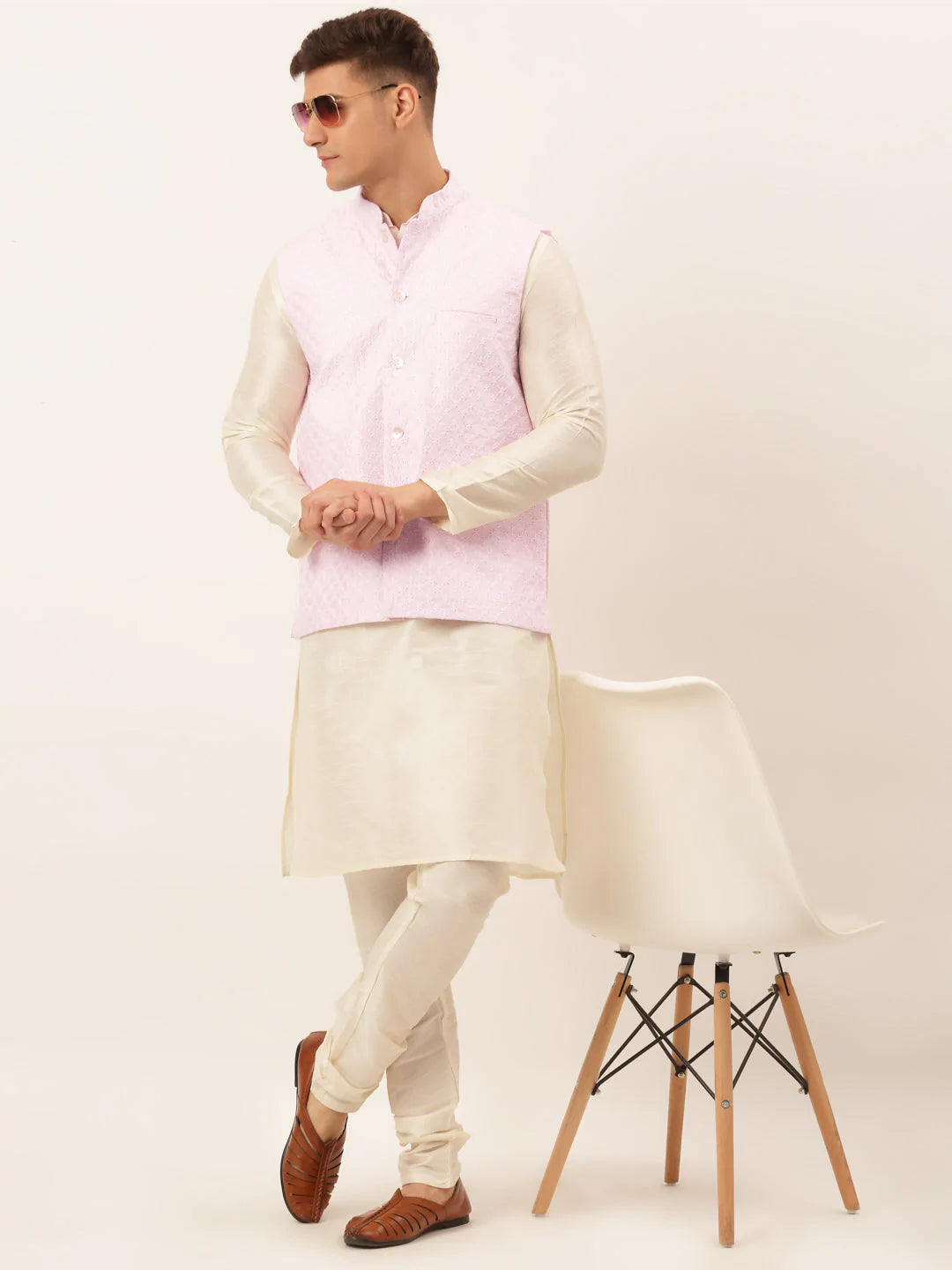 Jompers Men's Pink Pink and White Embroidered Nehru Jacket ( JOWC 4029 Pink )