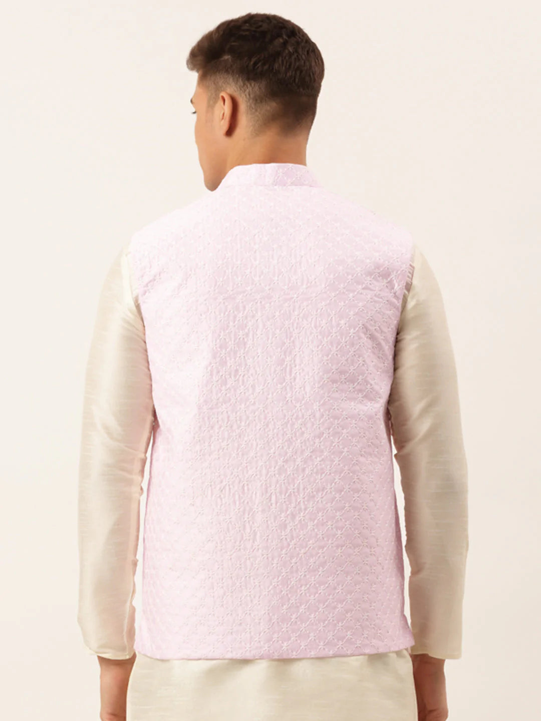 Jompers Men's Pink Pink and White Embroidered Nehru Jacket ( JOWC 4029 Pink )