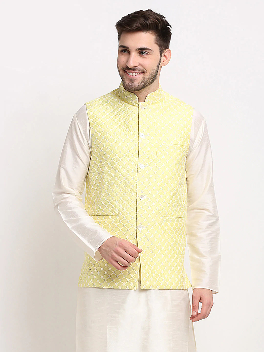 Jompers Men's Yellow Yellow and White Embroidered Nehru Jacket ( JOWC 4029Yellow )