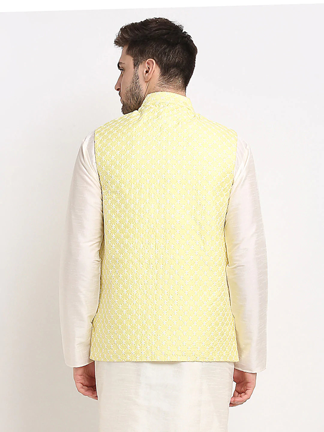 Jompers Men's Yellow Yellow and White Embroidered Nehru Jacket ( JOWC 4029Yellow )