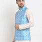 Jompers Men's Blue Ikat Printed Nehru Jacket ( JOWC 4030Sky )