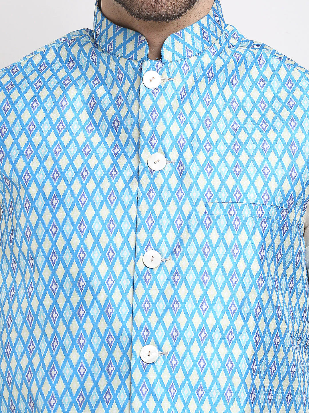 Jompers Men's Blue Ikat Printed Nehru Jacket ( JOWC 4030Sky )