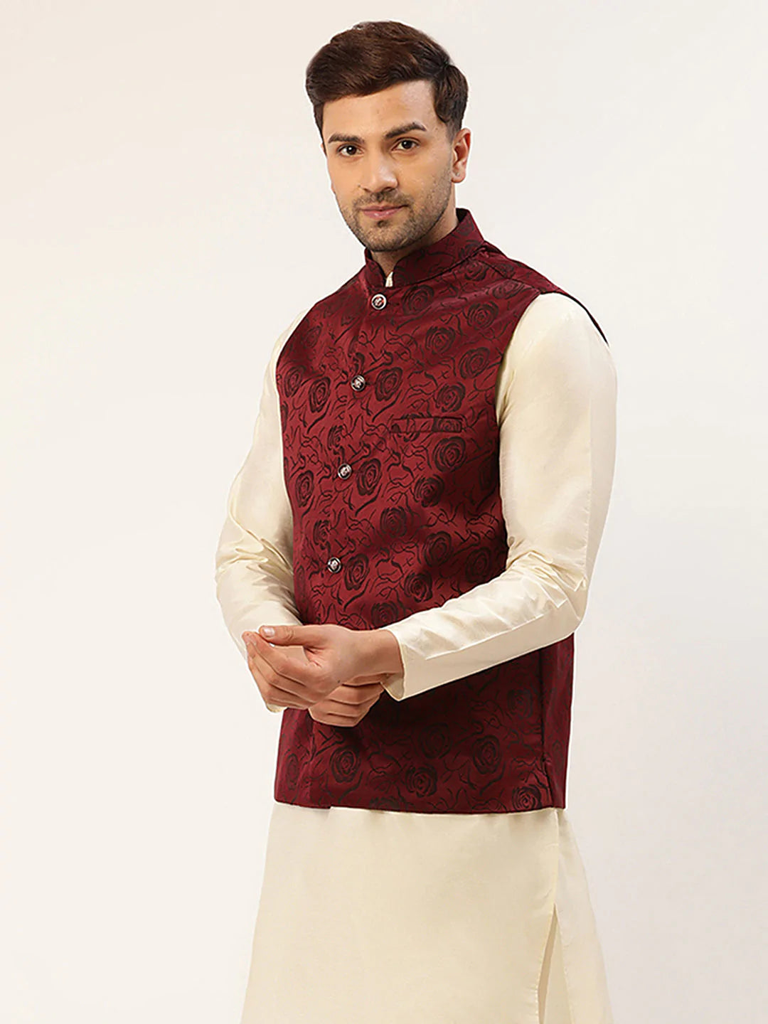 Men's Maroon & Black embossed Nehru Jacket( JOWC 4034 Maroon )