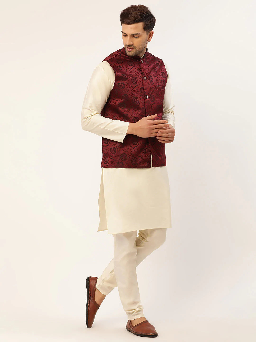 Men's Maroon & Black embossed Nehru Jacket( JOWC 4034 Maroon )