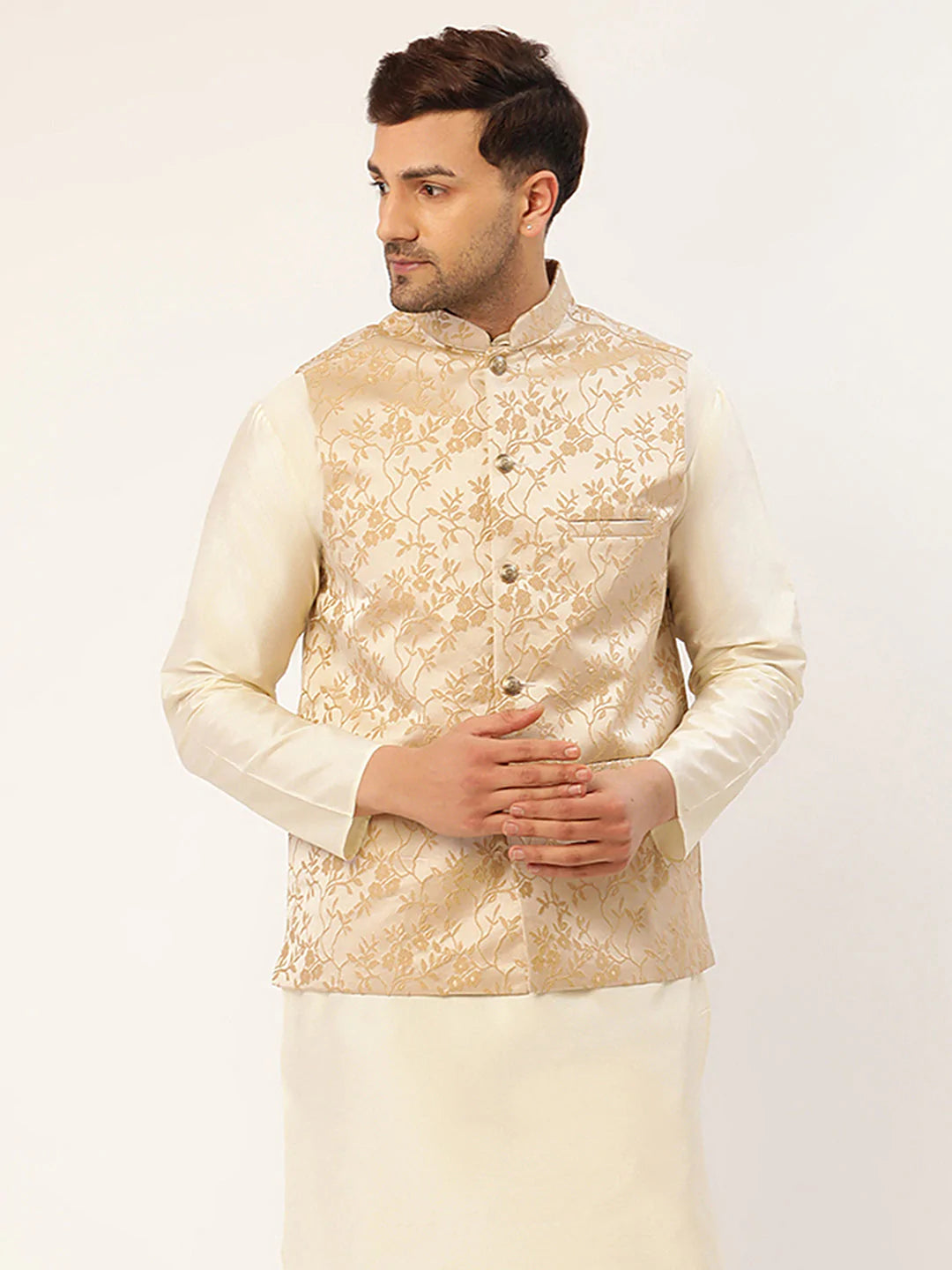 Men's Beige embossed Nehru Jacket( JOWC 4035 Beige )