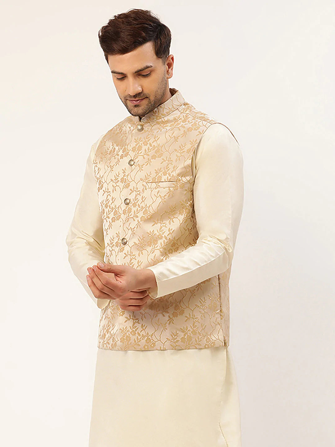Men's Beige embossed Nehru Jacket( JOWC 4035 Beige )